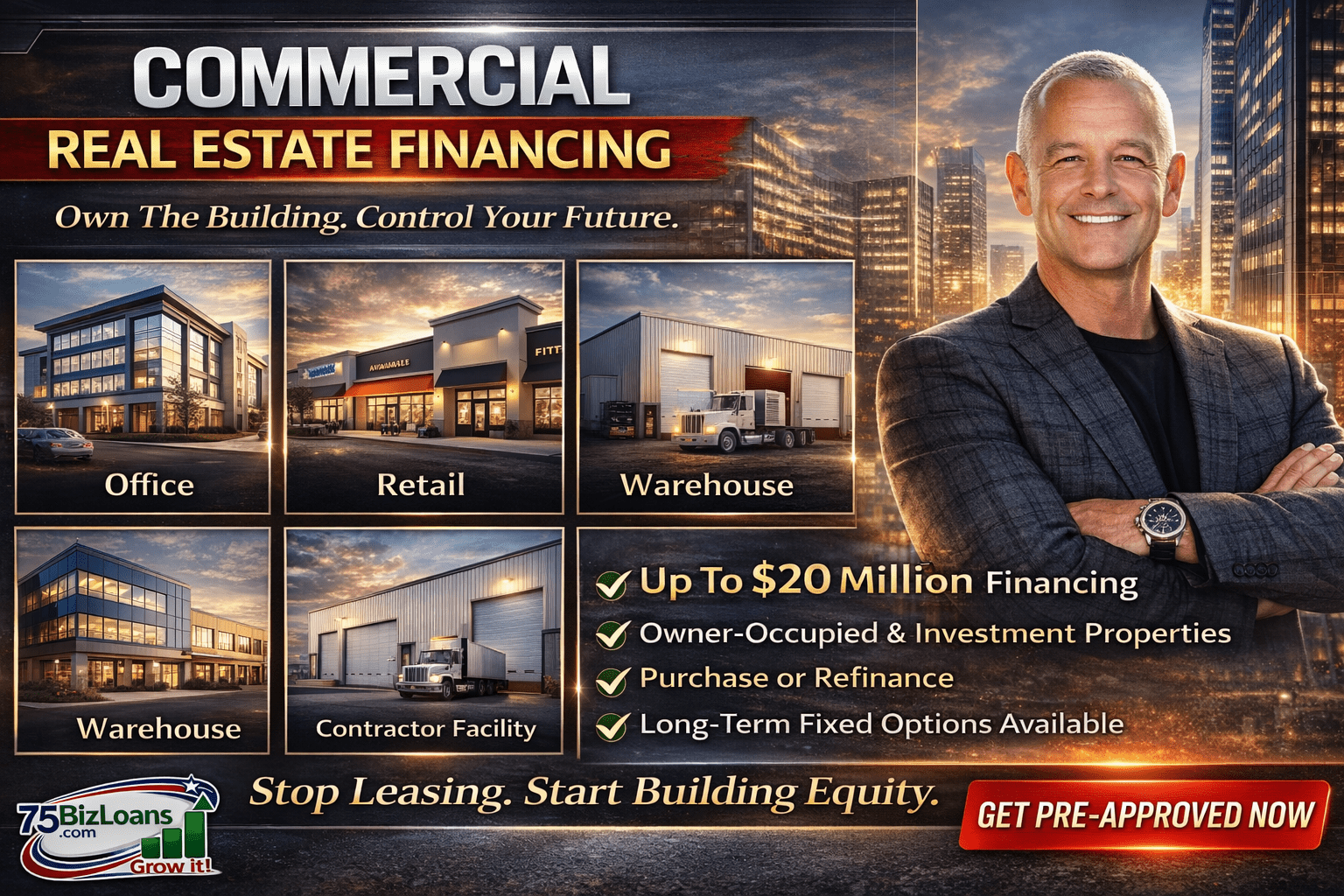 Commercial Real Estate Financing for office buildings, retail strip malls, warehouses, and contractor facilities up to $20 million