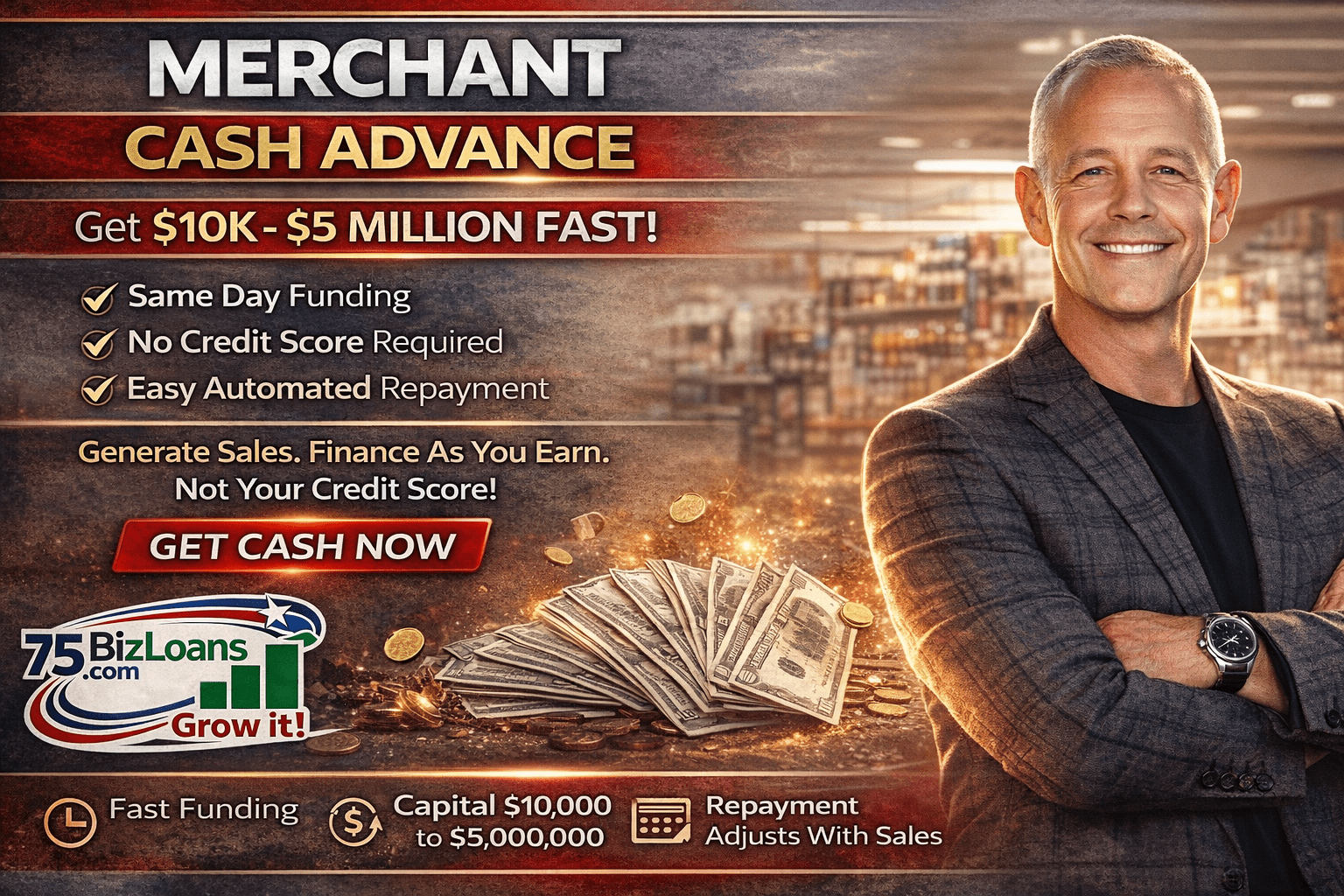 Merchant Cash Advance same day funding from $10K to $5M with revenue-based repayment
