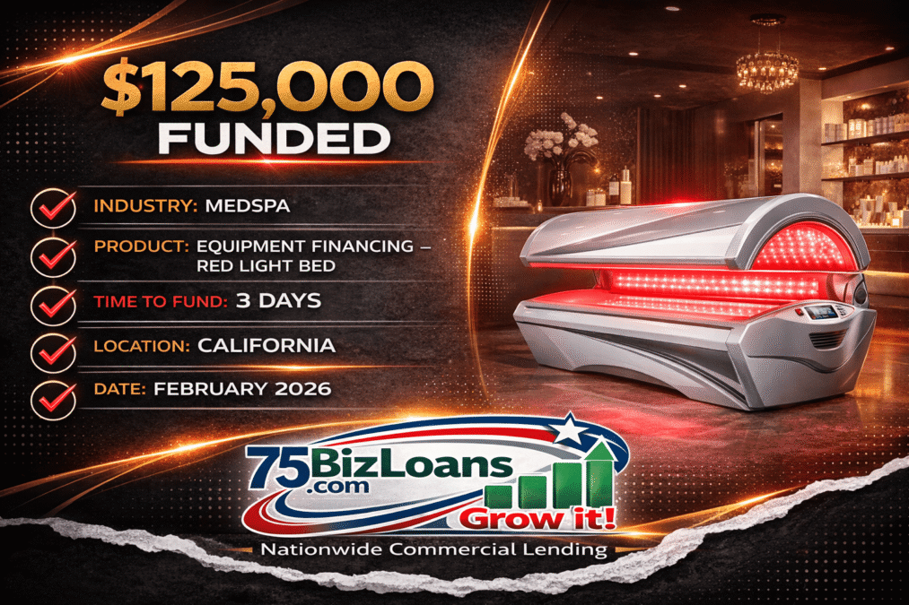 Just Funded Business Loans | Real Deals $10K to $20M+ Nationwide 6 $125,000 funded for MedSpa equipment financing red light bed in California February 2026 by 75BizLoans.com. MedSpa Business Loan.