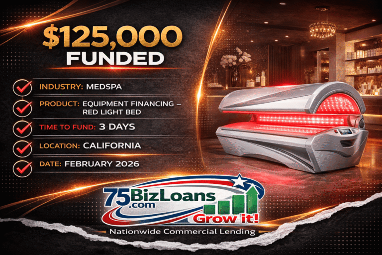 California MedSpa Equipment Financing just funded $125,000 in 3 days. 5 $125,000 funded for MedSpa equipment financing red light bed in California February 2026 by 75BizLoans.com