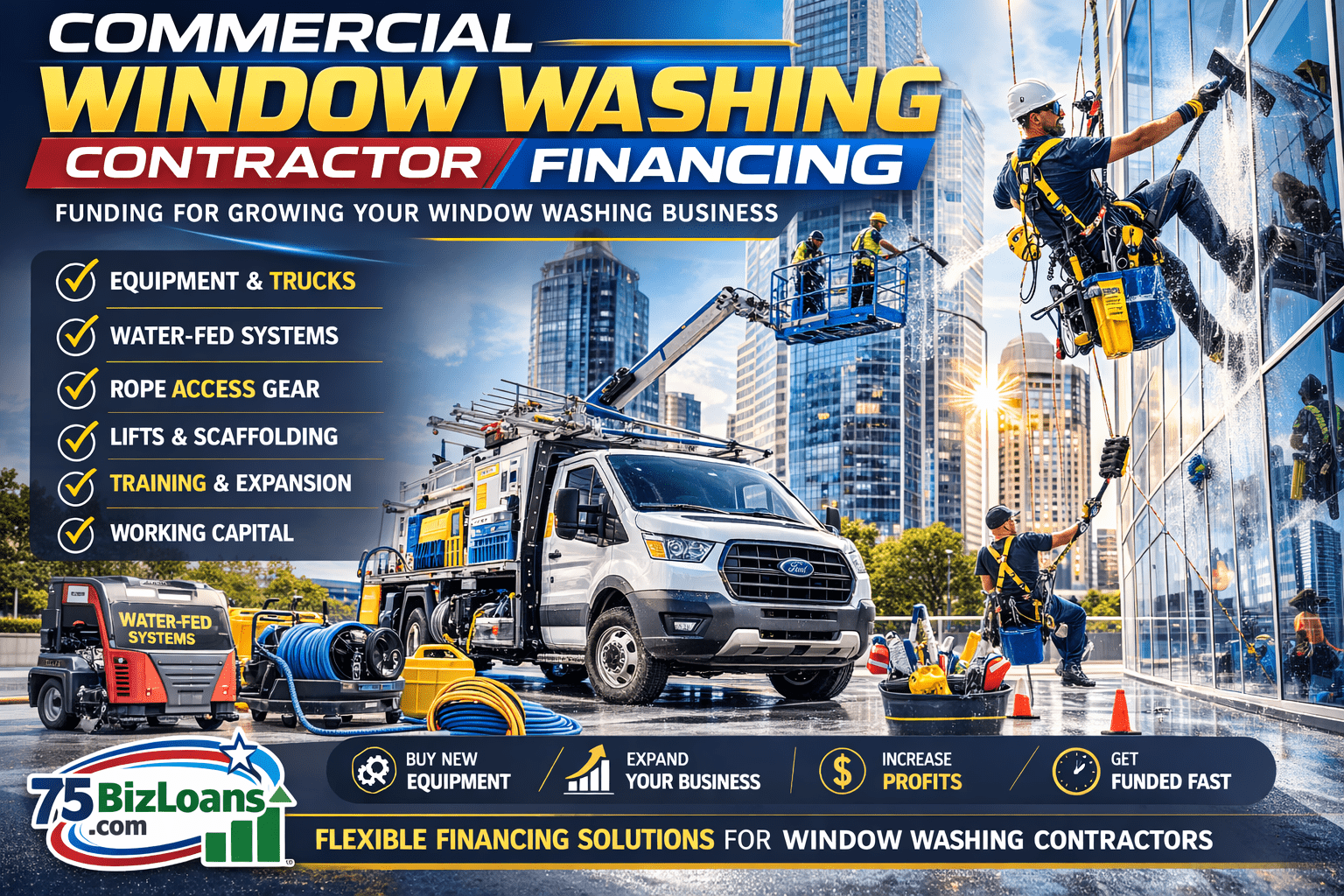 commercial window washing contractor financing lift equipment water fed pole systems trucks window cleaning company funding