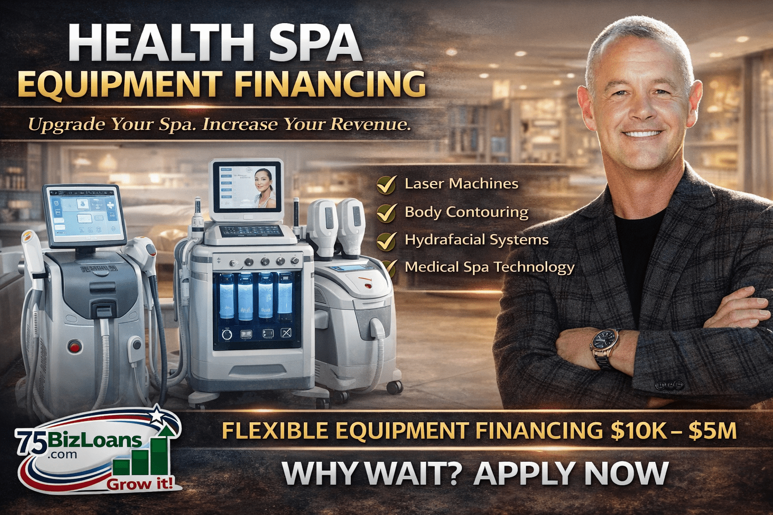 Health spa equipment financing for laser machines body contouring hydrafacial and medical spa technology