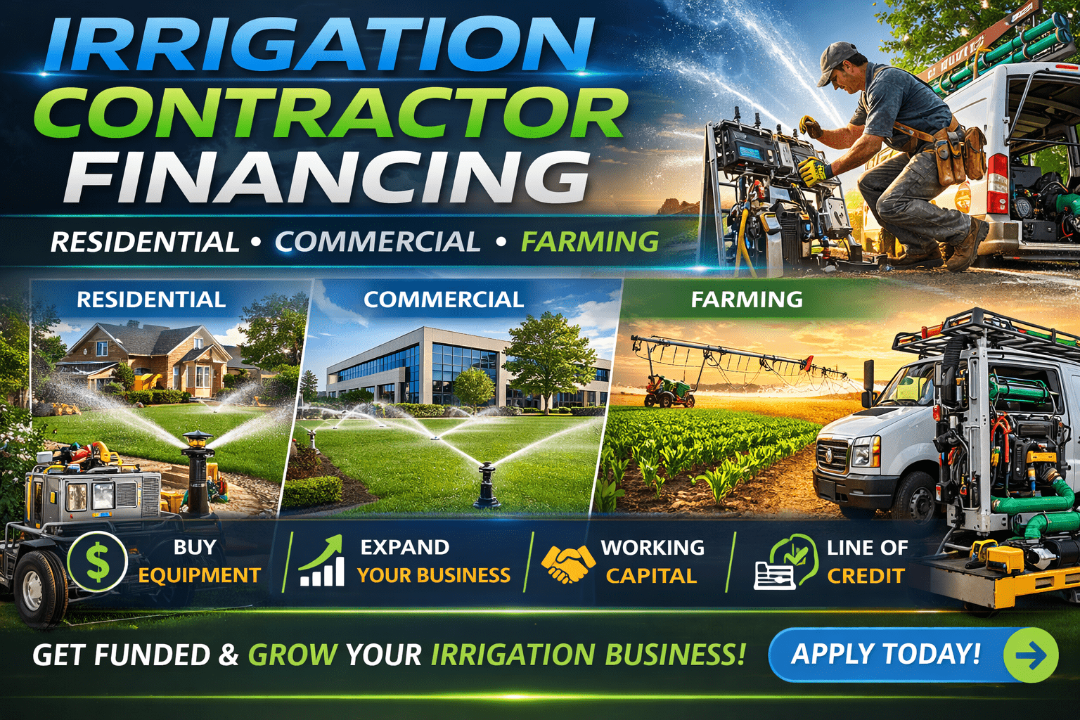 Irrigation contractor financing for landscaping equipment trucks payroll and irrigation system installation business growth