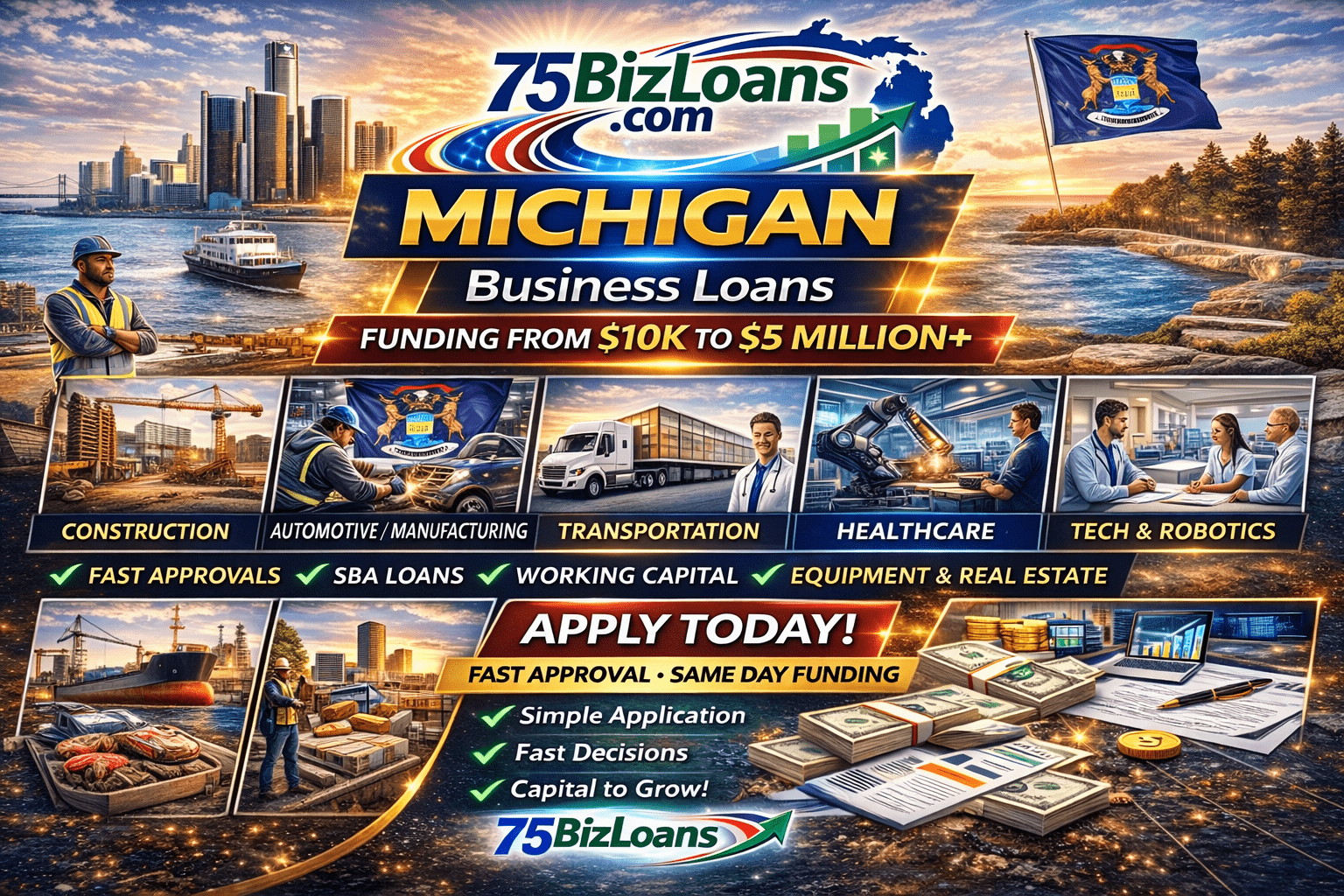 Michigan business loans fast commercial funding equipment financing SBA loans and working capital up to $5 million from 75BizLoans.com