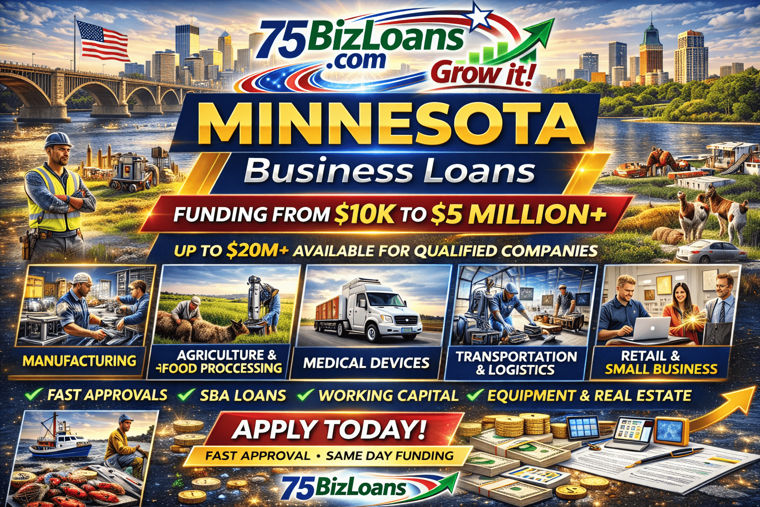 Minnesota business loans fast commercial funding equipment financing SBA loans and working capital up to $5 million from 75BizLoans.com