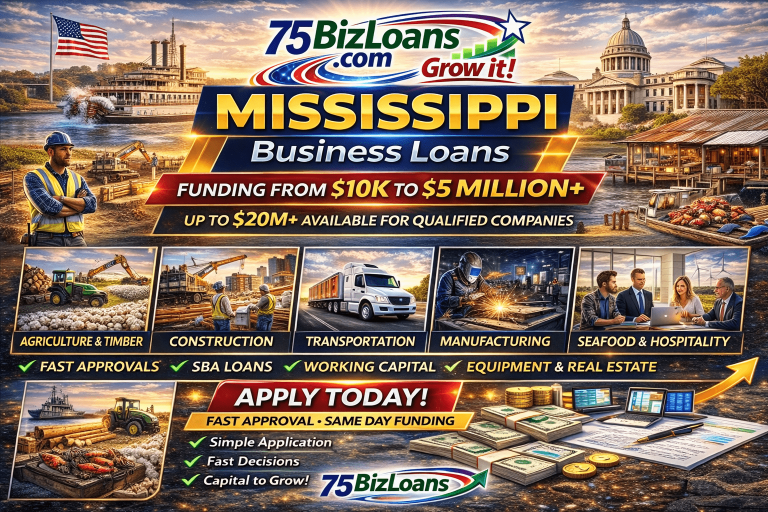 Mississippi business loans fast commercial funding equipment financing SBA loans and working capital up to $5 million from 75BizLoans.com