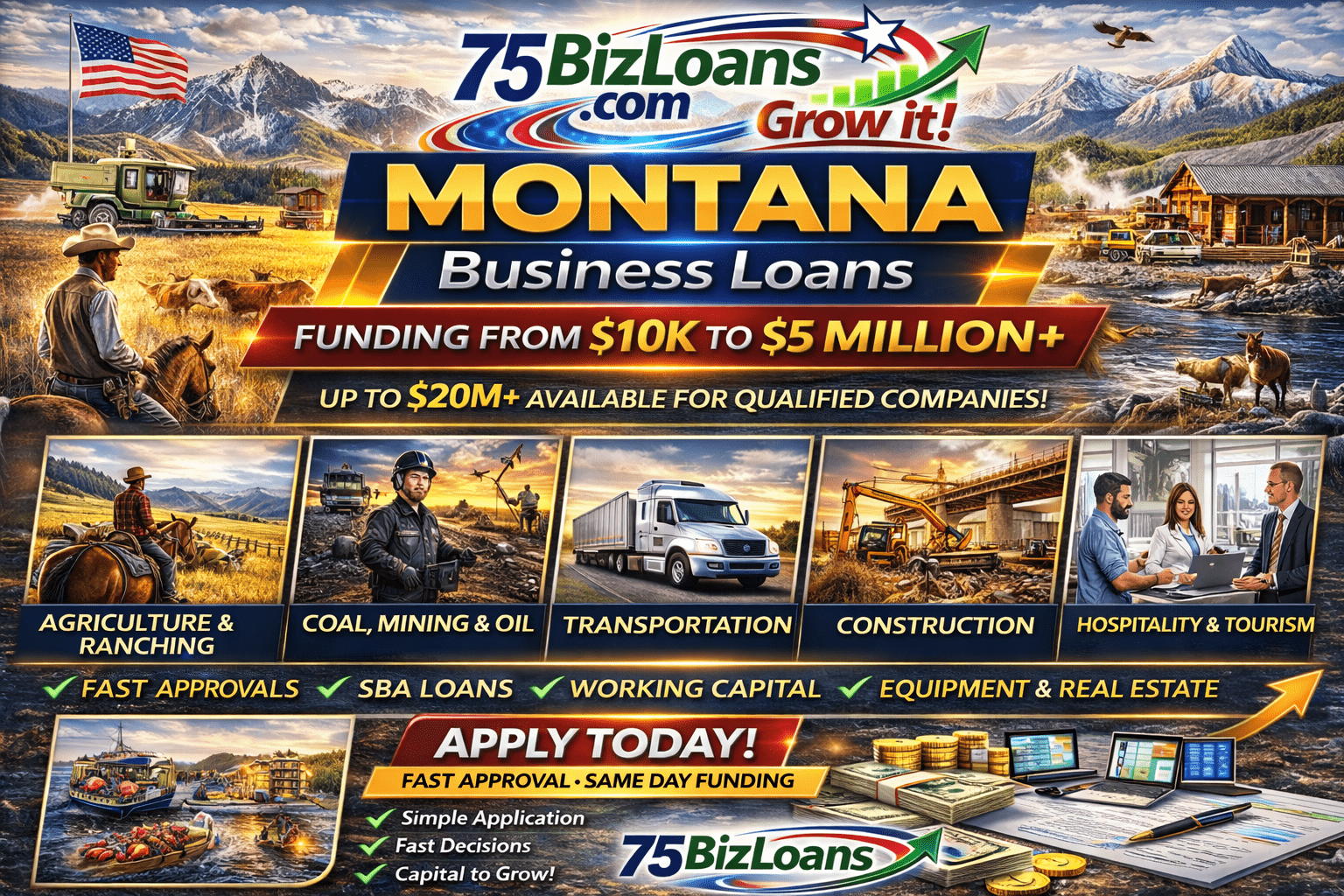 Montana business loans fast commercial funding equipment financing SBA loans and working capital up to $5 million from 75BizLoans.com