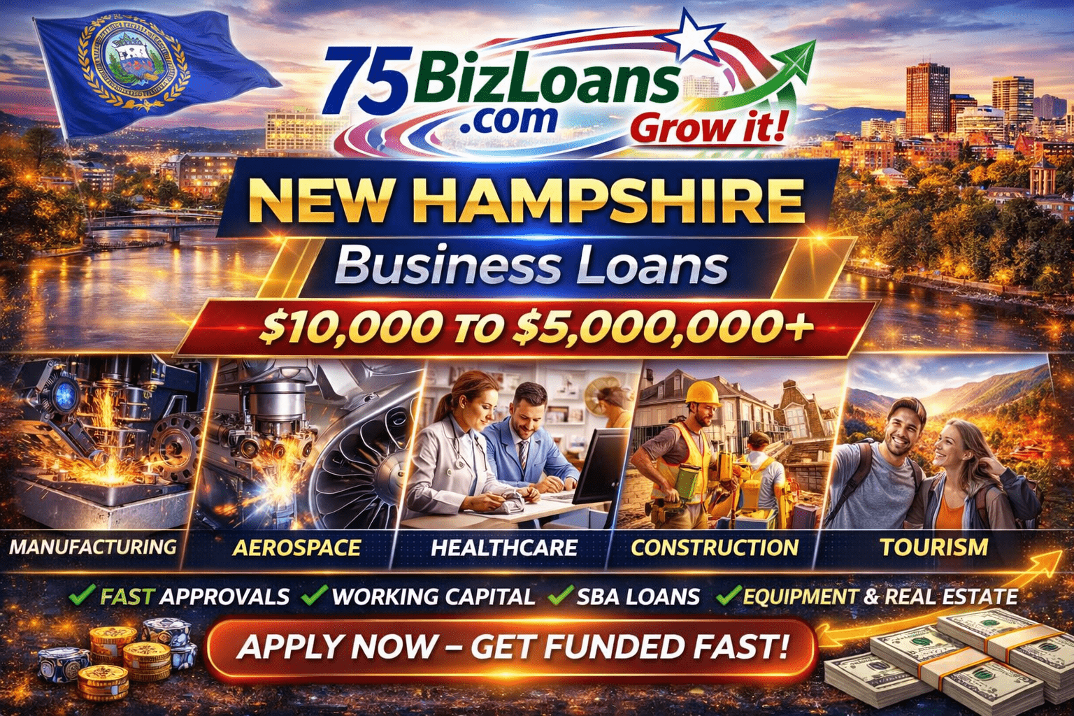 New Hampshire business loans fast commercial funding equipment financing SBA loans and working capital up to $5 million from 75BizLoans.com