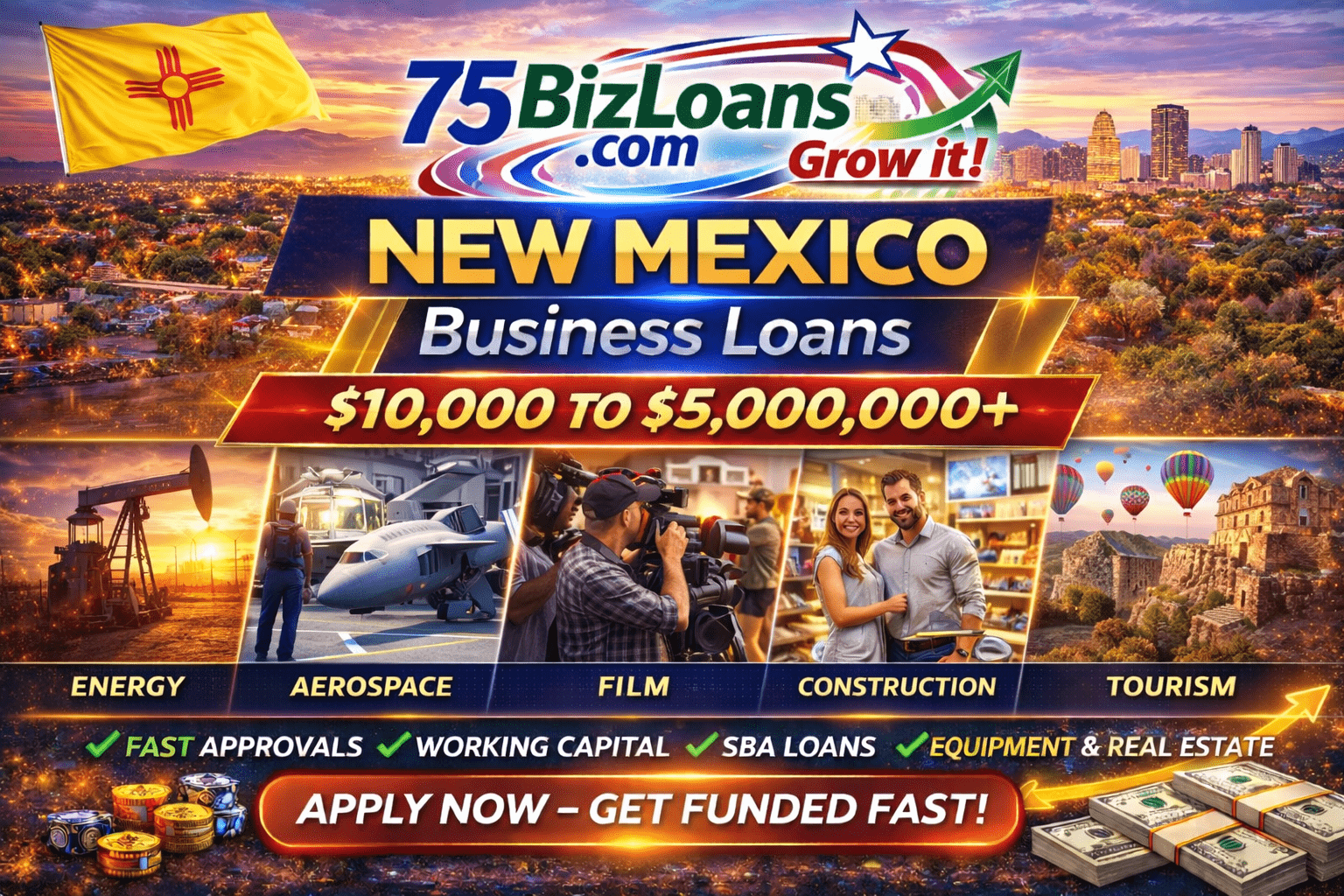 New Mexico business loans fast commercial funding equipment financing SBA loans and working capital up to $5 million from 75BizLoans.com