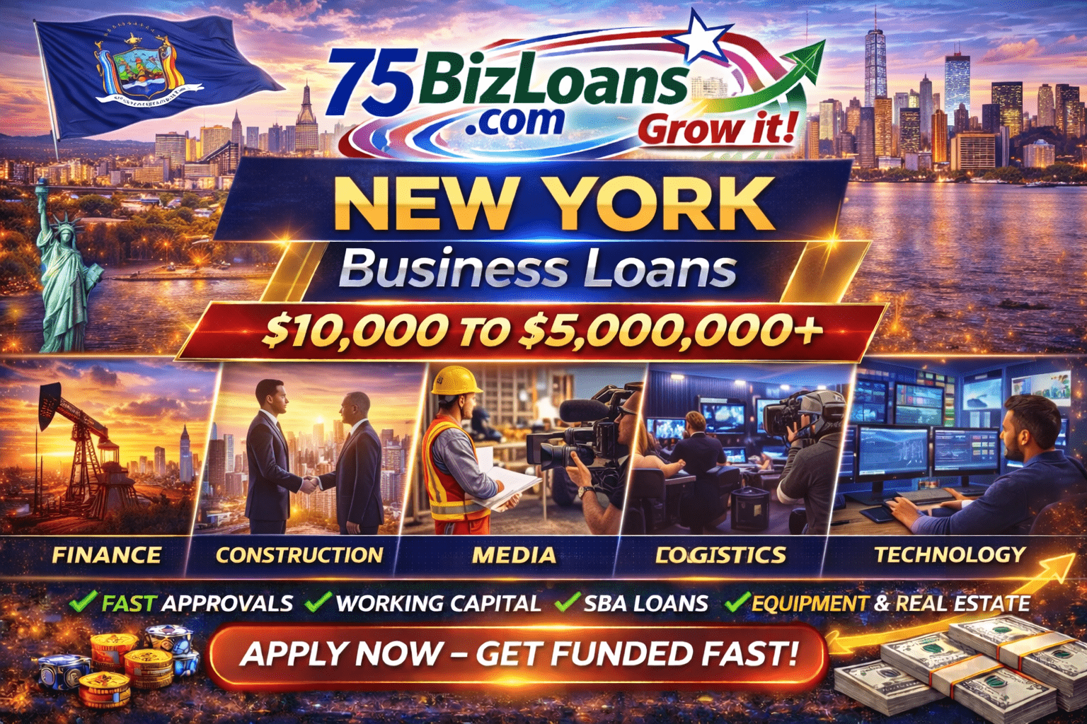 New York business loans fast commercial funding equipment financing SBA loans and working capital up to $5 million from 75BizLoans.com