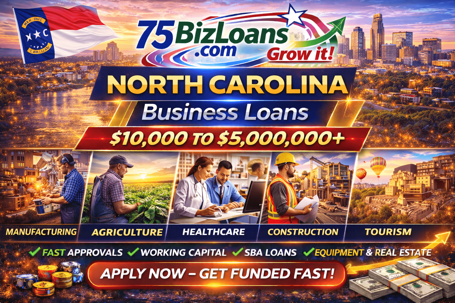 North Carolina business loans fast commercial funding equipment financing SBA loans and working capital up to $5 million from 75BizLoans.com
