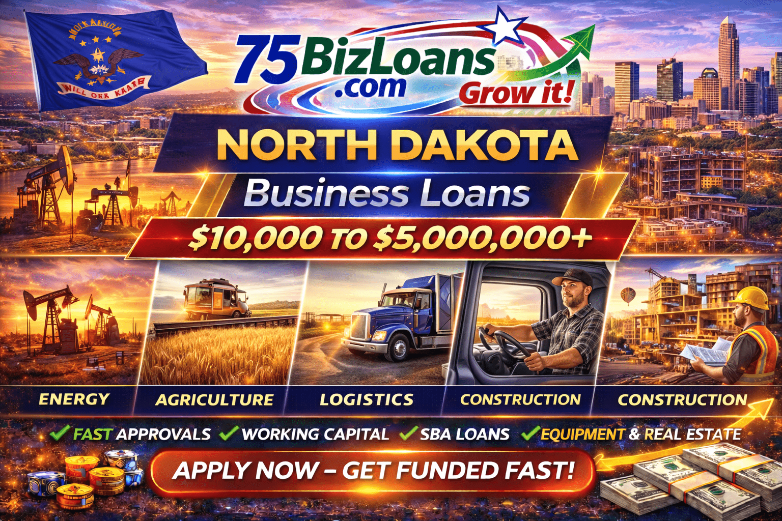 North Dakota business loans fast commercial funding equipment financing SBA loans and working capital up to $5 million from 75BizLoans.com