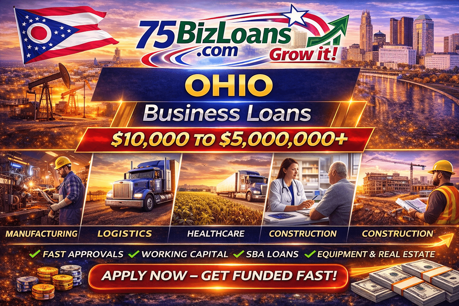 Ohio business loans fast commercial funding equipment financing SBA loans and working capital up to $5 million from 75BizLoans.com