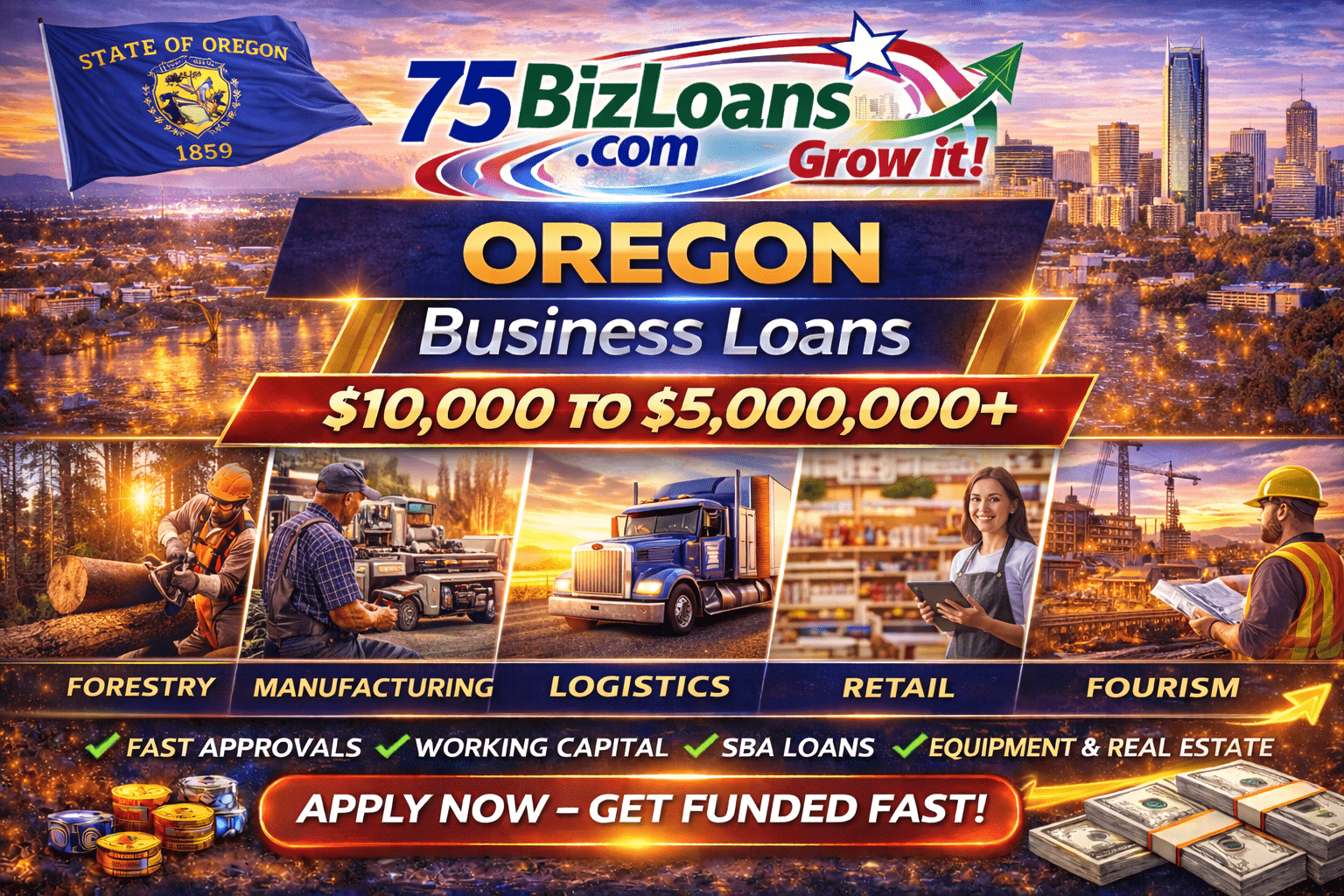 Oregon business loans fast commercial funding equipment financing SBA loans and working capital up to $5 million from 75BizLoans.com