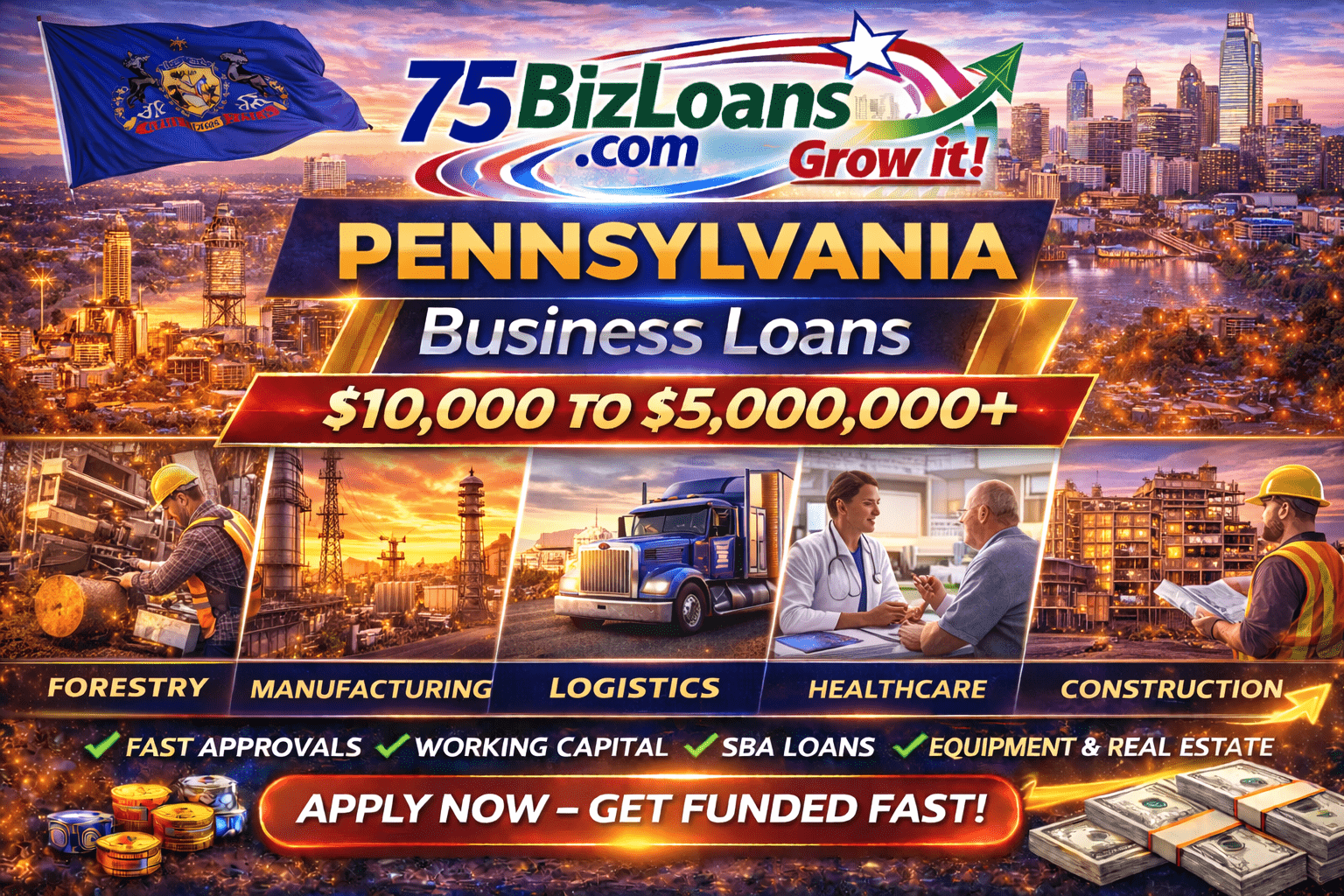 Pennsylvania business loans fast commercial funding equipment financing SBA loans and working capital up to $5 million from 75BizLoans.com