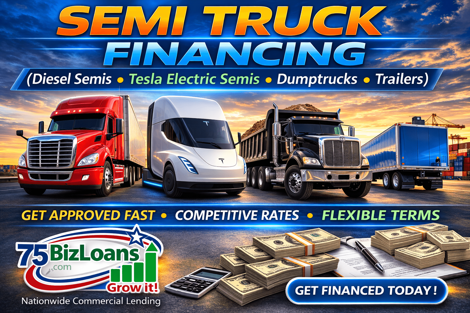 semi truck financing diesel and Tesla electric semi trucks financing trucking companies owner operators transportation fleets