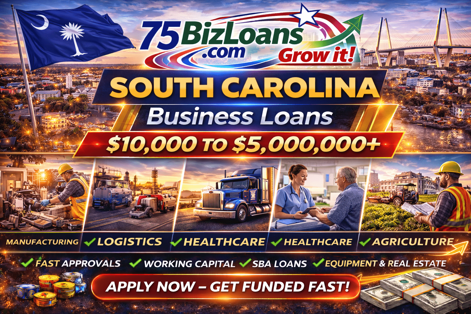 South Carolina business loans fast commercial funding equipment financing SBA loans and working capital up to $5 million from 75BizLoans.com
