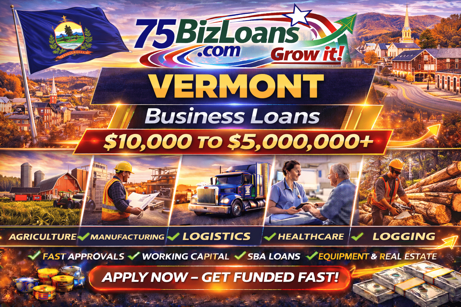 Vermont business loans fast commercial funding equipment financing SBA loans and working capital up to $5 million from 75BizLoans.com