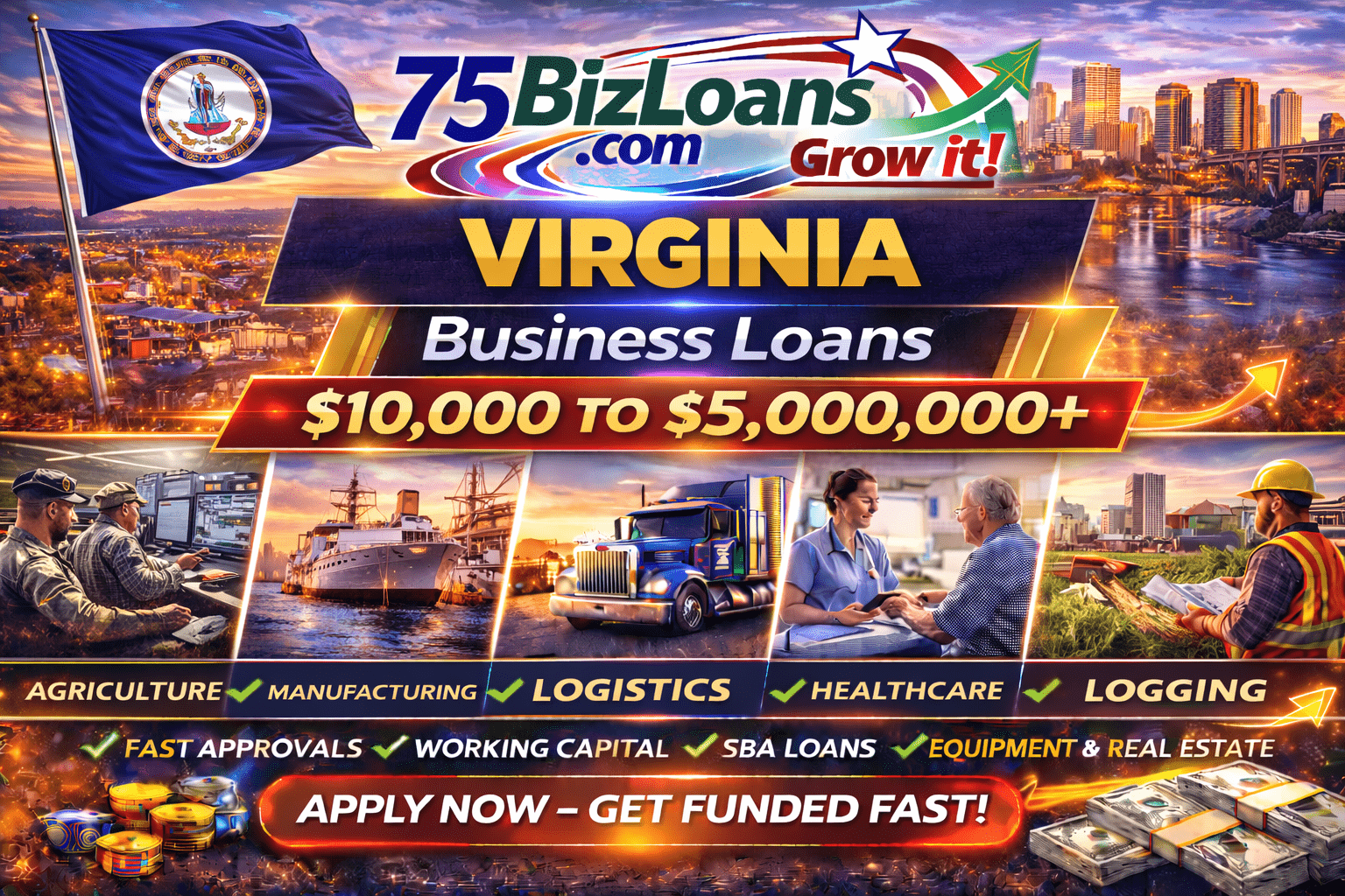 Virginia business loans fast commercial funding equipment financing SBA loans and working capital up to $5 million from 75BizLoans.com