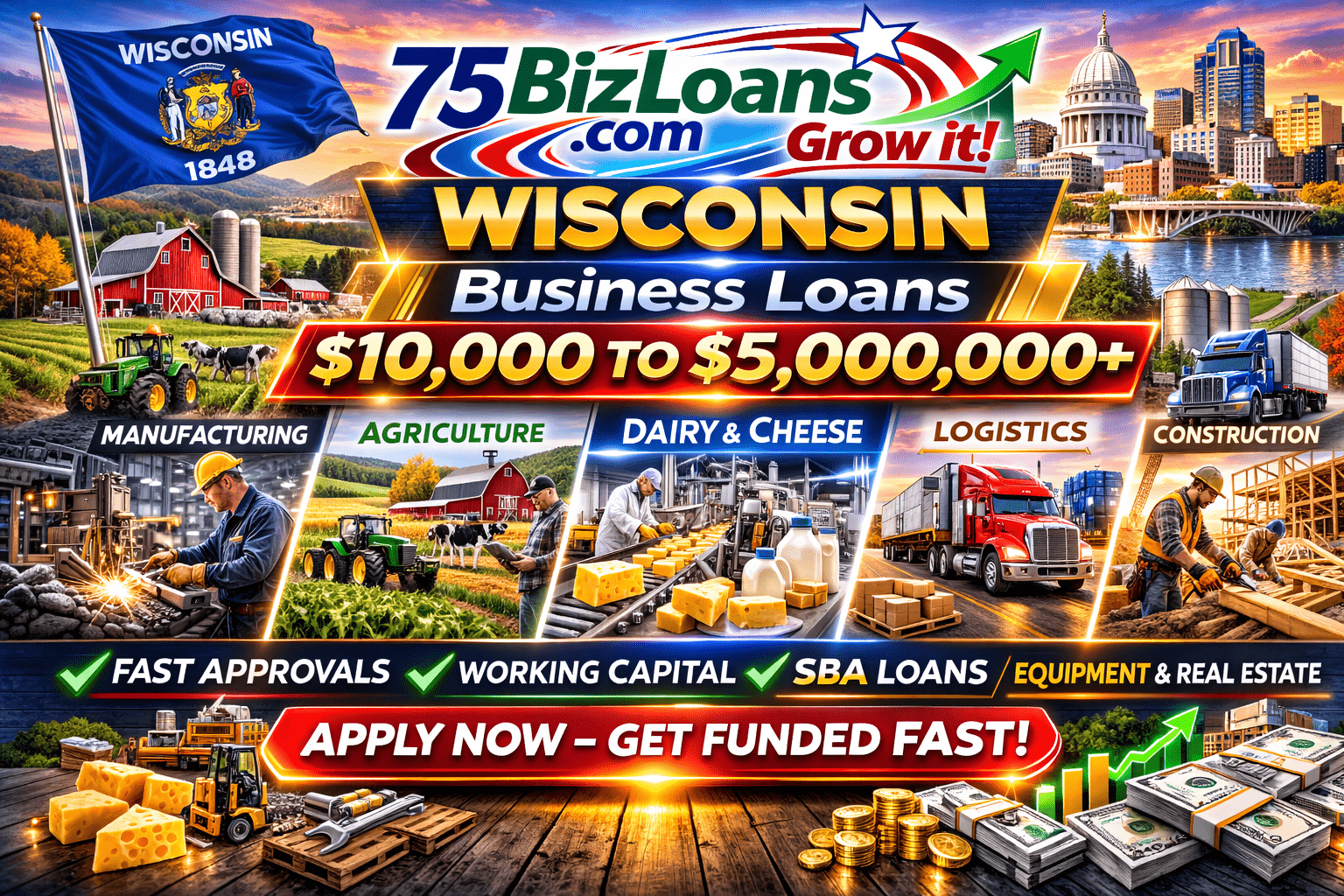 Wisconsin business loans fast commercial funding equipment financing SBA loans and working capital up to $5 million from 75BizLoans.com