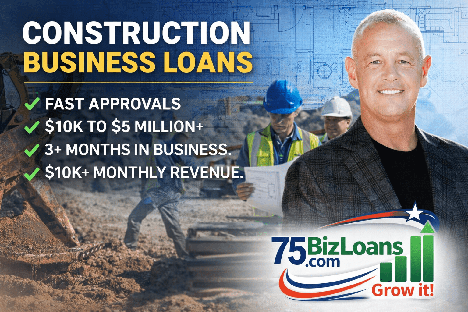 Construction Business Loans for payroll, equipment financing and working capital through 75BizLoans.com