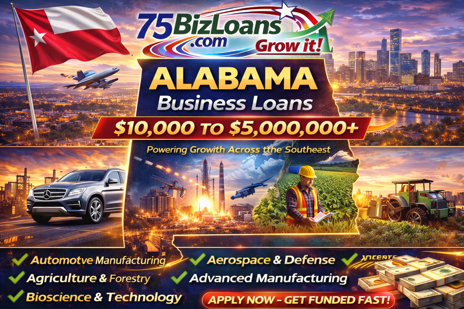 75BizLoans.com Alabama FAST Business Loans banner with commercial lending logo and growth chart graphic