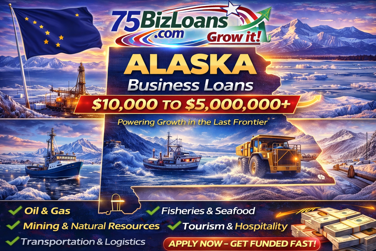 75BizLoans.com Alaska FAST Business Loans banner featuring commercial lending logo and upward growth chart graphic