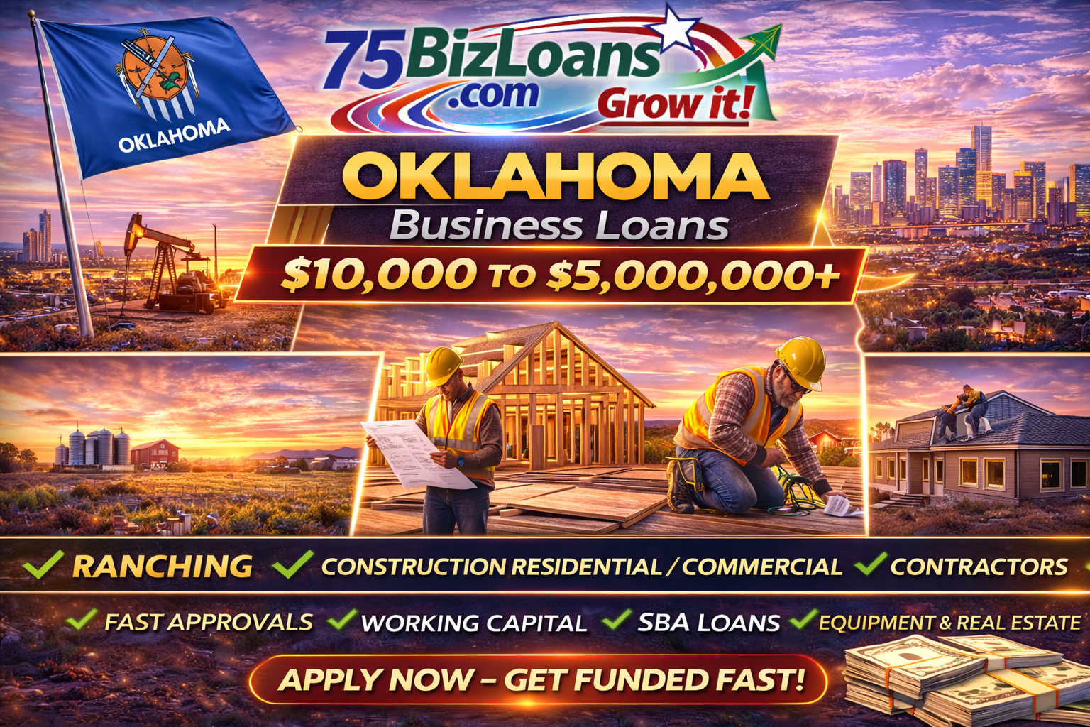 Oklahoma business loans fast commercial funding equipment financing SBA loans and working capital up to $5 million from 75BizLoans.com