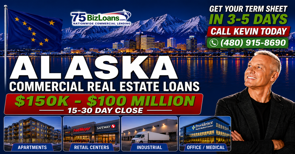 Alaska commercial real estate loans banner with Anchorage skyline and commercial property